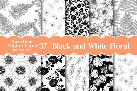 Black and White Seamless Floral Patterns