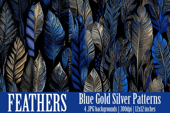 Blue Gold Silver Feathers Patterns S1