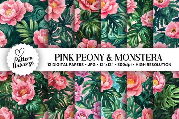 Pink Peony and Monstera Leaves Patterns: A Versatile Digital Design for Creative Projects
